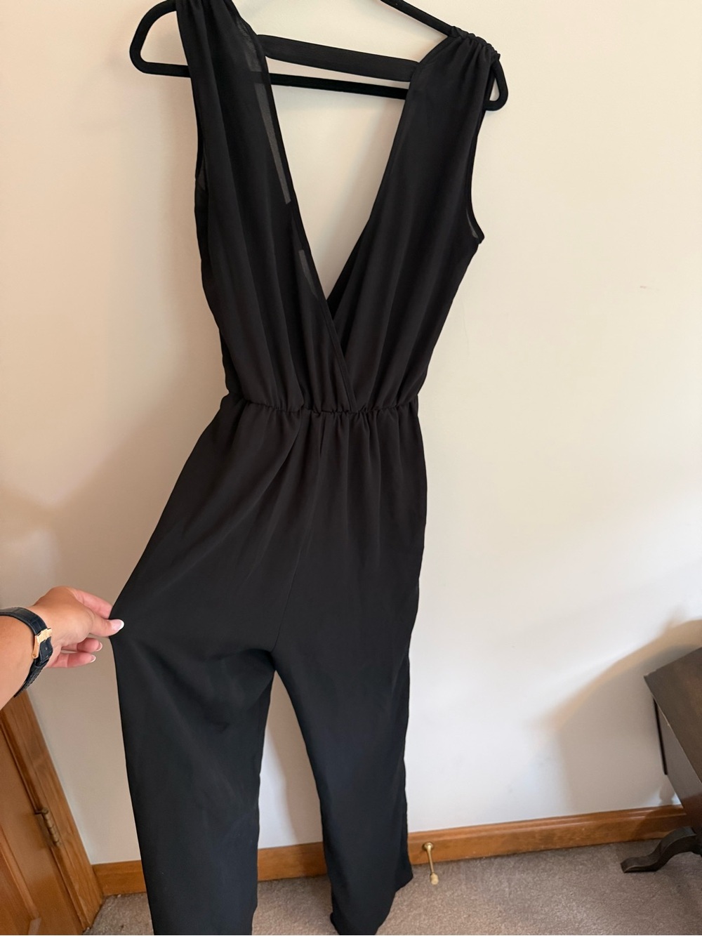 Black Sleeveless Sheer Fabric Deep V Jumpsuit